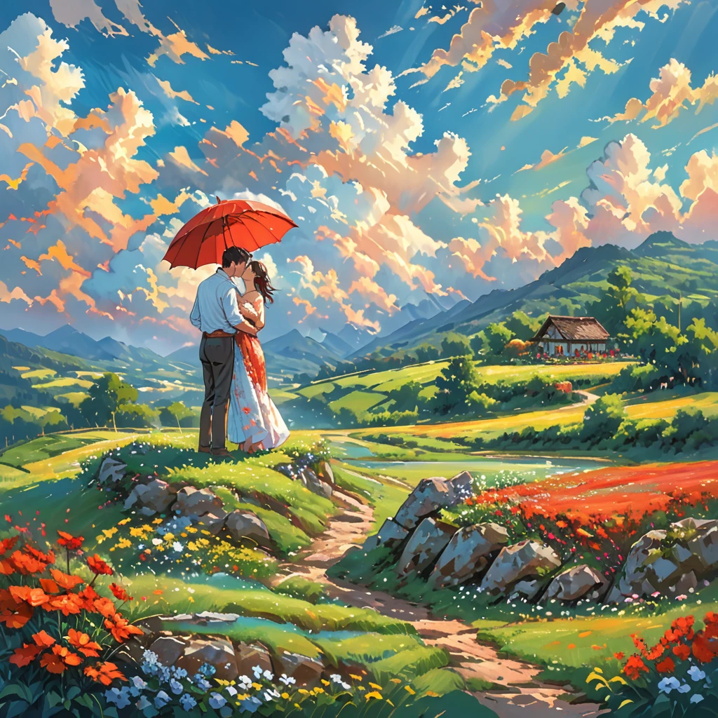A romantic couple standing together on a grassy plain, holding a red umbrella. The man and woman embrace each other tenderly, looking into each other's eyes with love and joy. The scene is set against a backdrop of a vast open landscape, under a bright and clear blue sky filled with beautifully fluffy clouds. The colors are vibrant and full, enhancing the lush green grass in the foreground that stretches out, providing a lively and natural base for the scene. The image is highly detailed and sharp, with HD clarity that captures every nuance with precision.

The overall atmosphere is cheerful and romantic, perfectly capturing a tender and happy moment between the couple. The focus is on the couple, with the background slightly blurred to add depth and emphasize the sharpness of their connection. The photograph is taken from a wide perspective, making the couple appear far away, and showcasing a broad view of the vibrant sky and landscape. This wide-angle approach highlights the expansive beauty of the surroundings, with bright sunlight illuminating the scene, the clear blue sky, and the lush grassy fields, creating a joyful and vividly colorful ambiance.