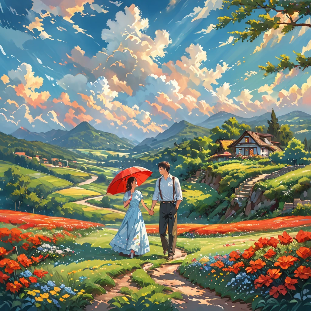 A romantic couple standing together on a grassy plain, holding a red umbrella. The man and woman embrace each other tenderly, looking into each other's eyes with love and joy. The scene is set against a backdrop of a vast open landscape, under a bright and clear blue sky filled with beautifully fluffy clouds. The colors are vibrant and full, enhancing the lush green grass in the foreground that stretches out, providing a lively and natural base for the scene. The image is highly detailed and sharp, with HD clarity that captures every nuance with precision.
The overall atmosphere is cheerful and romantic, perfectly capturing a tender and happy moment between the couple. The focus is on the couple, with the background slightly blurred to add depth and emphasize the sharpness of their connection. The photograph is taken from a wide perspective, making the couple appear far away, and showcasing a broad view of the vibrant sky and landscape. This wide-angle approach highlights the expansive beauty of the surroundings, with bright sunlight illuminating the scene, the clear blue sky, and the lush grassy fields, creating a joyful and vividly colorful ambiance.