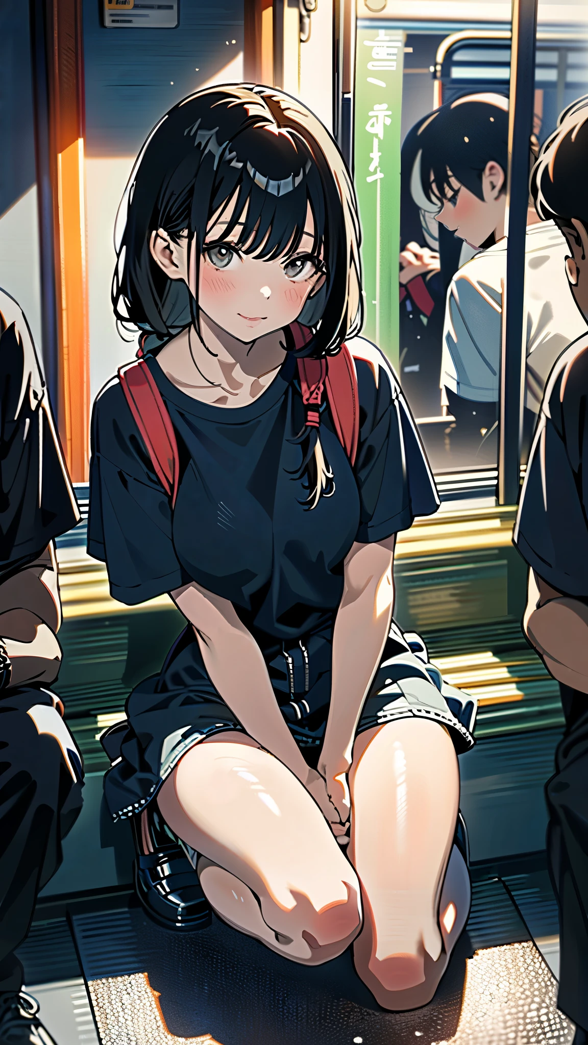(8k, RAW Photos, 最high quality, masterpiece:1.2), high qualityのRAWカラー写真, Professional photo shoot, Cinematic Light, alone, (((Young woman and middle-aged man, Gal))), (Sharp features), (Small face), (Skin with attention to detail:1.2), clavicle, Cute Face, Beautiful appearance, Long eyelashes,Girl Turning Around, smile, (Brown Hair, Long straight line), Jersey, Denim mini skirt, sneakers, Backpack, Night Park, Confident attitude, Capture the happy moment, Artistic painting,Attractive thighs, (Very nice touch:1.2),はにかんだsmile), Peaceful atmosphere, Oil painting style, Bright colors, (Are standing:1.5, Inside a crowded train, Full body portrait), Smooth texture, Gazing Eyes, Beautiful Skin, Glowing Skin, ((Perfect Fingers, Five Fingers, Anatomically correct)), Background Blur, high quality, Surreal, ((Very detailed, photo shoot)),Many people々、blush、Plump、Blowjobチオ、Lick、Side view、squat、Sucking a man's、Crowded、Being surrounded by men、Oral sex、Sex with multiple people、Orgy、Sucking cock、Blowjob