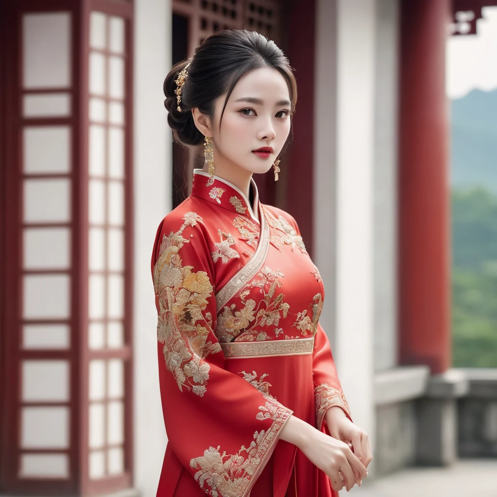 ((Highest quality)), ((masterpiece)), (detailed), (Perfect Face)、The woman has her medium-long hair tied up and is wearing a gorgeous red long-slit party Chinese dress with gold embroidery and trim, and is dressed luxuriously with gorgeous accessories and an engagement ring.
