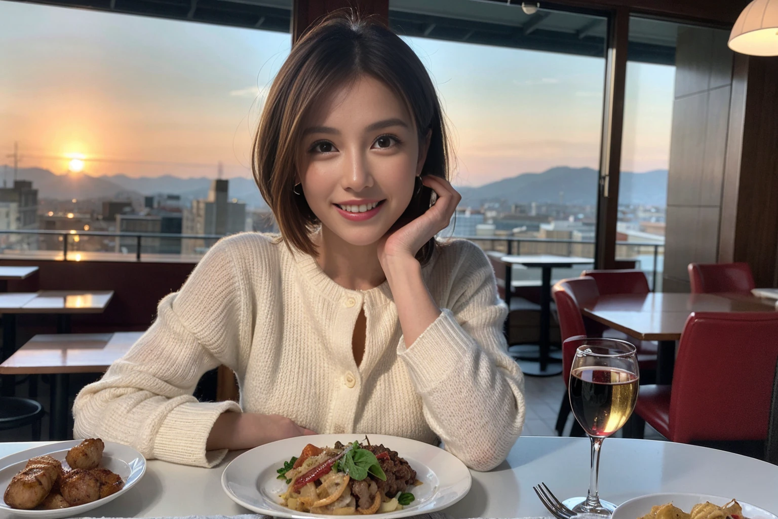 (Realistic:1.1),(masterpiece,Highest quality),8k,(49 years old), 53 years old, ベリーslimボディ、slimカップル、Tight waist,Upper Body,full-course dinner、wine 、Amazing view of the sunset sky and clouds、Perfect Anatomy, Brown Hair, short hair,Random Hairstyles,((Highly detailed face and eyes:1.2)),Perfect golden ratio face,Long sleeve shirt、dress,(smile:1.2)、Shortcuts、cute、(Realistic, Intricate details:1.2), A bright smile、short hair,Bright Face、赤wine 、Appetizers、Italian food、wine bottle、Champagne、スパークリングwine、(slimな顔), (The body is slim), (Brown Hair), (Shortcuts), Upper Body, 白wine, slim, wineグラス,