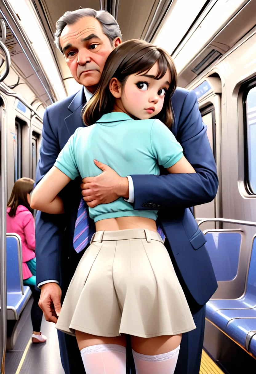 (SFW), ((photorealistic)), (masterpiece), (best quality:1.3), absurdness, [:intricate details1.3], SFW, realistic, masterpiece, (((VERY crowded subway train interior detailed scenario, VERY crowded subway train interior detailed background))), standing insanely hot (young 1) using sexy ((skirt)), ((behind skirt lifted)), ((3/4 white stockings)), ((big ass)), ((thick thighs)), ((fear/shocked expression)), (blushed face), (perfect body proportions)), old small man ass groping young small girlom behind, (((old small man pressing his chest on young woman 1 back))) and (((holding her waist behind her)))