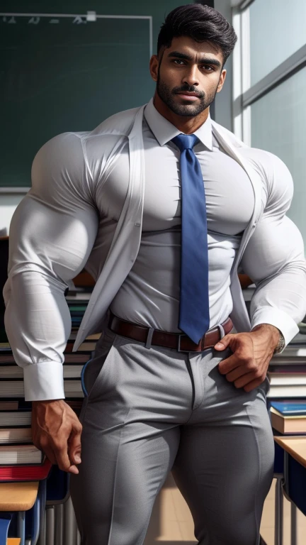 40 years old handsome hunk indian teacher with small beard mascular dark skin jaat with spiky hairstyle, head to thighs, indian school boy, beautiful eyes, large lips, volumeric light, wearing opened white shirt with opened zip grey trouser with grey tie, book in hand, huge bulge show at front of children, muscular chest, long legs, Wide shoulders, nice detailed hands, standing with spread legs in classroom background, sunny day, daylight