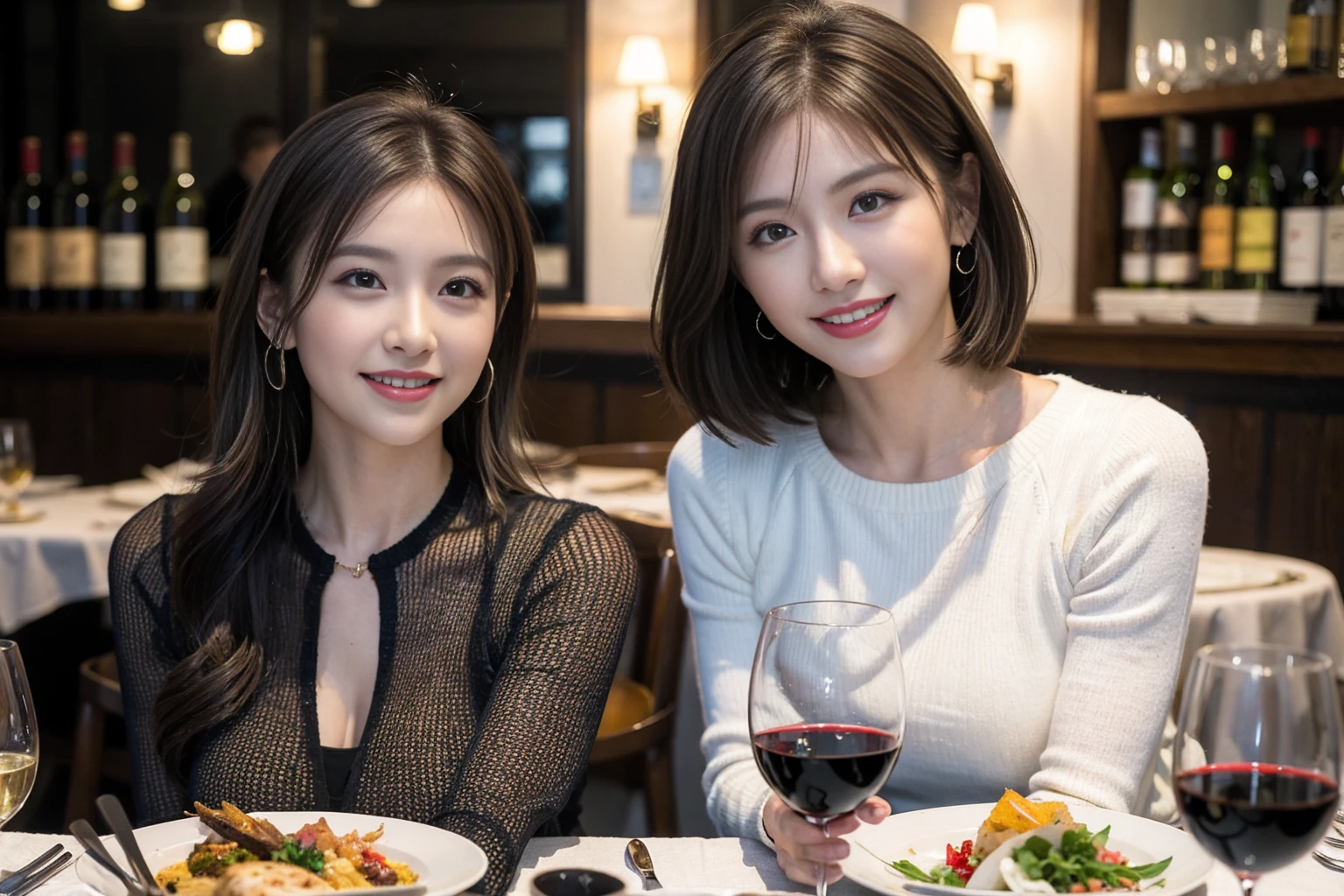 （Realistic:1.1）,(masterpiece,Highest quality)，8k,(49 years old), 53 years old, ベリーslimボディ、slimカップル、Tight waist,Upper Body,full-course dinner、wine 、Amazing view of the sunset sky and clouds、Perfect Anatomy, Brown Hair, short hair,Random Hairstyles,((Highly detailed face and eyes:1.2))，Perfect golden ratio face，Long sleeve shirt、dress,(smile:1.2)、Shortcuts、cute、(Realistic, Intricate details:1.2), A bright smile、short hair,Bright Face、赤wine 、Appetizers、Italian food、wine bottle、Champagne、スパークリングwine、(slimな顔), (The body is slim), (Brown Hair), (Shortcuts),  Upper Body, 白wine, slim, wineグラス, 