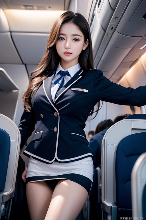 Top Quality, Masterpiece, 8K, Ultra High Definition, (Photorealistic: 1.4), 1 Girl, Beautiful Face, Symmetrical Eyes, Big, Perfect Body Proportions, Stewardess Uniform, Viewer's Look, (Inside the Airplane: 1.2), Front View, Shoulder Jump, Absolute Area (1.3),