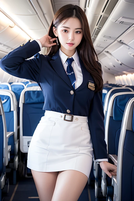 Top Quality, Masterpiece, 8K, Ultra High Definition, (Photorealistic: 1.4), 1 Girl, Beautiful Face, Symmetrical Eyes, Big, Perfect Body Proportions, Stewardess Uniform, Viewer's Look, (Inside the Airplane: 1.2), Front View, Shoulder Jump, Absolute Area (1.3),