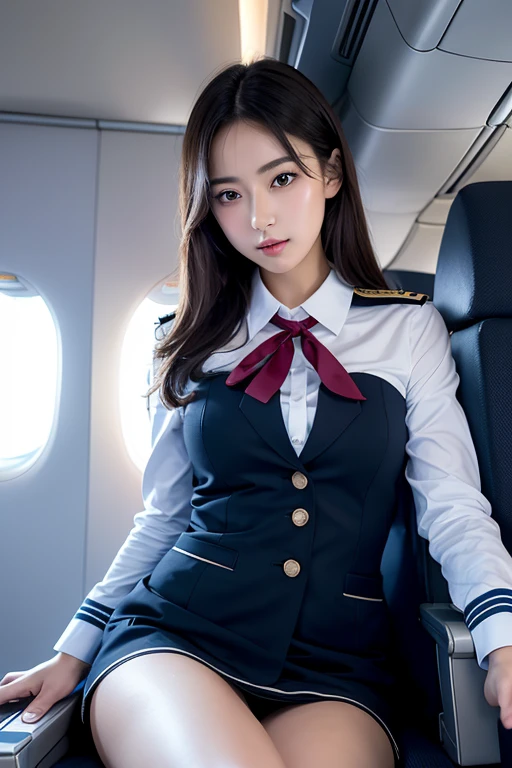Top Quality, Masterpiece, 8K, Ultra High Definition, (Photorealistic: 1.4), 1 Girl, Beautiful Face, Symmetrical Eyes, Big, Perfect Body Proportions, Stewardess Uniform, Viewer's Look, (Inside the Airplane: 1.2), Front View, Shoulder Jump, Absolute Area (1.3),