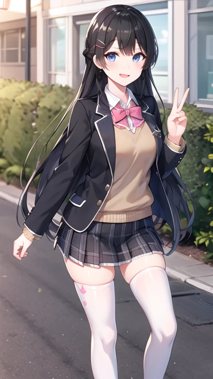1girl, solo, tsukino mito, long hair, virtual youtuber, skirt, thighhighs, black hair, jacket, bow, blazer, black jacket, hairclip, hair ornament, white thighhighs, bangs, braid, pleated skirt, pink bow, , bowtie, very long hair, long sleeves, shirt, collared shirt, white shirt, blue eyes, pink bowtie, plaid skirt, plaid, black skirt, miniskirt, standing,  outdoors, street,