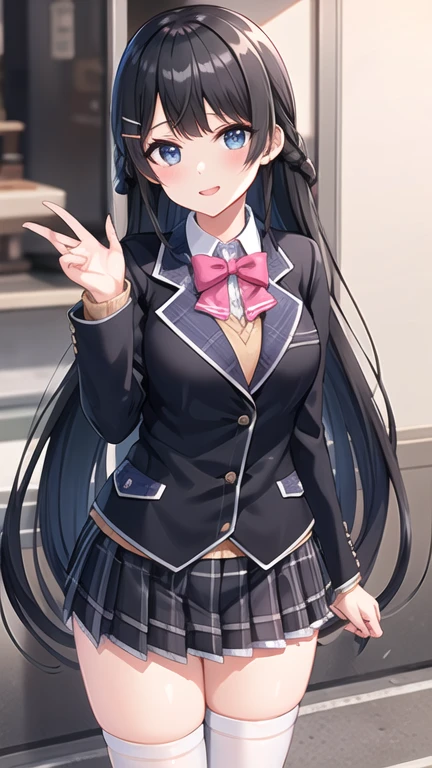 1girl, solo, tsukino mito, long hair, virtual youtuber, skirt, thighhighs, black hair, jacket, bow, blazer, black jacket, hairclip, hair ornament, white thighhighs, bangs, braid, pleated skirt, pink bow, , bowtie, very long hair, long sleeves, shirt, collared shirt, white shirt, blue eyes, pink bowtie, plaid skirt, plaid, black skirt, miniskirt, standing,  outdoors, street,