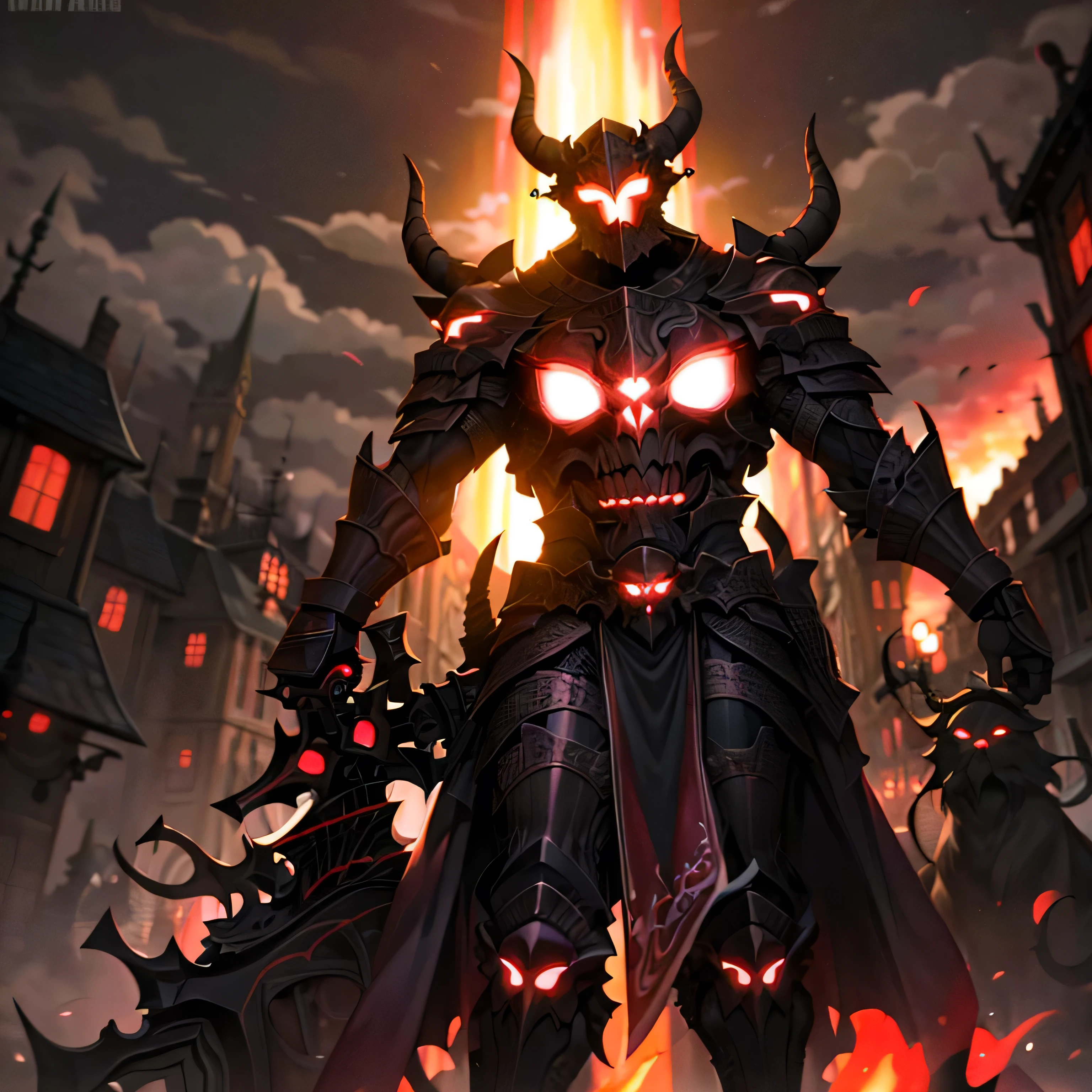 monster, black armor, helmet with horns, red glowing, outdoors, forest, night, night sky, big sword