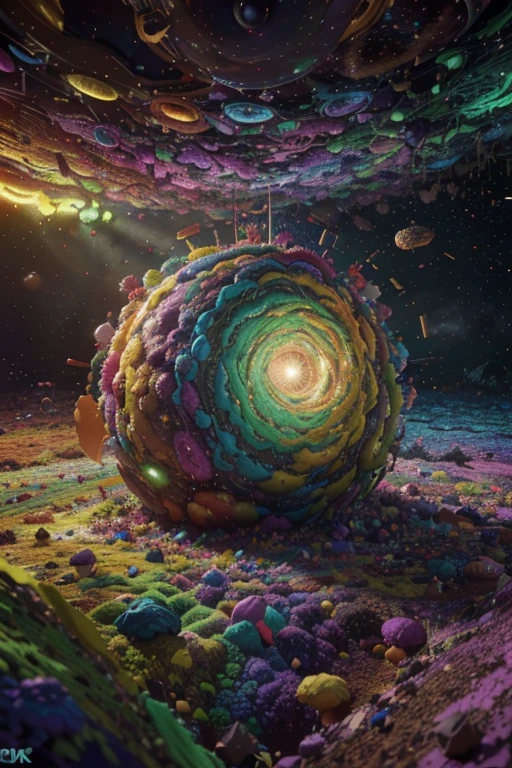 a surreal, vibrant, multicolored mess in the style of Rick and Morty, a chaotic universe, anthropomorphic feces, abstract background, psychedelic colors, dynamic lighting, (best quality,4k,8k,highres,masterpiece:1.2),ultra-detailed,(realistic,photorealistic,photo-realistic:1.37),concept art,digital painting,abstract art