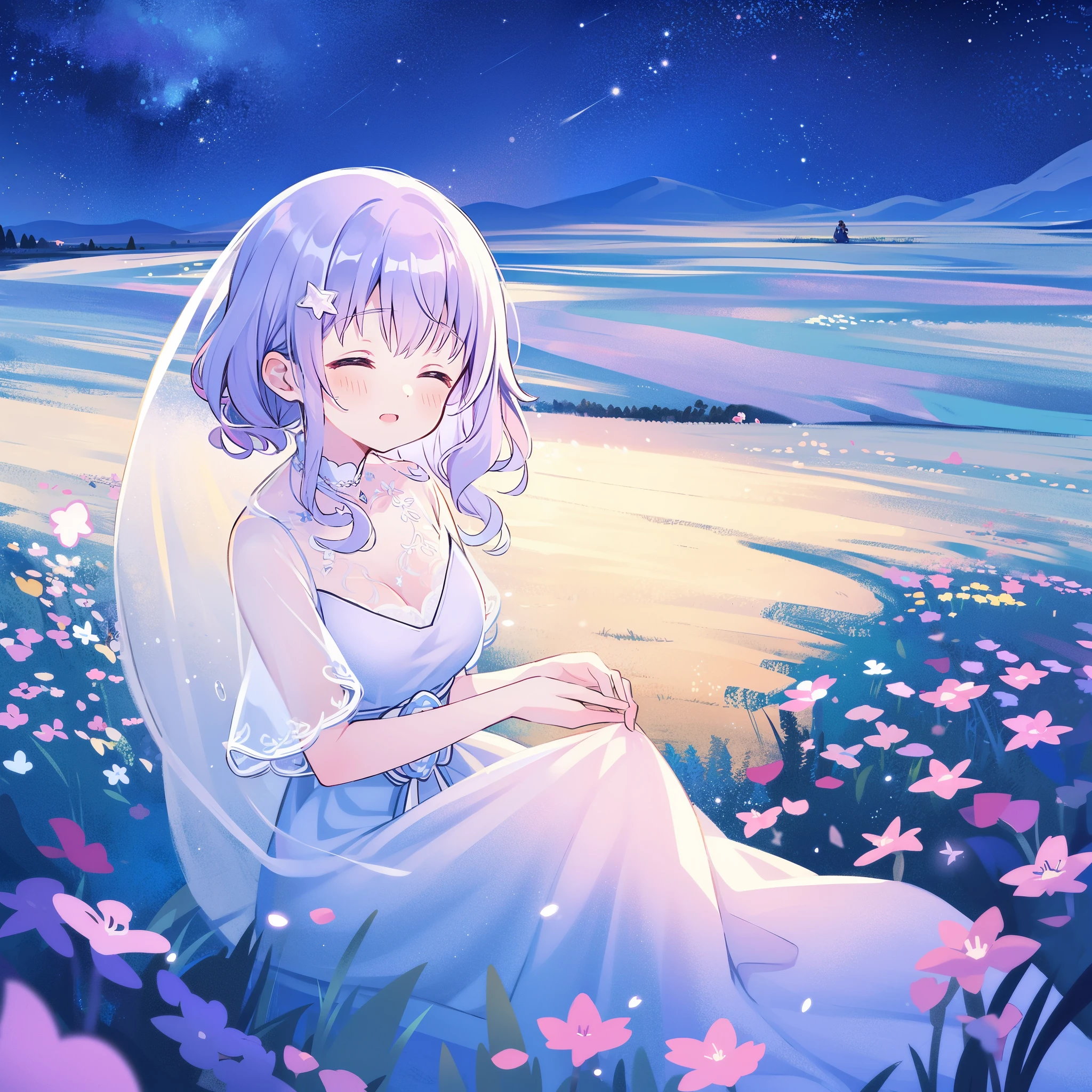 (magical dream flower garden landscape), girl wearing an ethereal translucent dress, pale skin, wavy gradient blue purple hair, perfect composition, highly detailed, ethereal, (starry night sky background), midjourney style