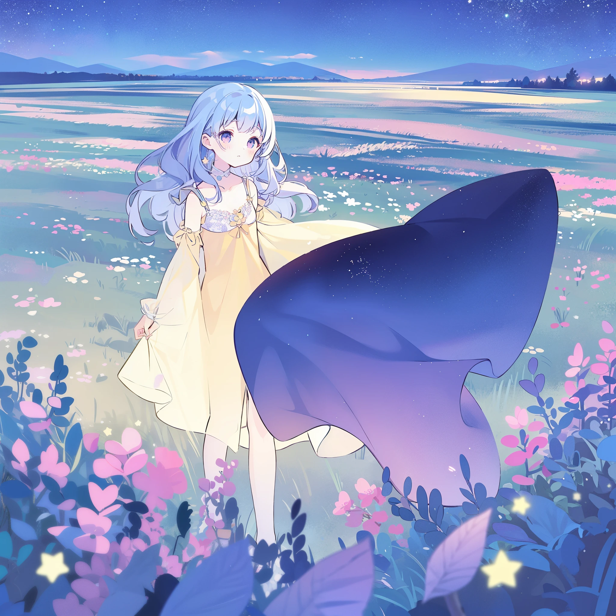 (magical dream flower garden landscape), girl wearing an ethereal translucent dress, pale skin, wavy gradient blue purple hair, perfect composition, highly detailed, ethereal, (starry night sky background), midjourney style
