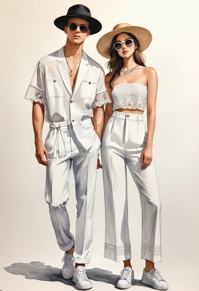 candid fashion illustration of young man and woman, both aged 23 year old, tall and slender, super model, ((showcase fashion in a White cotton outfits)), clothes inspired by Christian Dior's resort collection 2024 in elegant bohemian style. The man wears an oversized short-sleeved shirt with lace transparent details, paired with relaxed-fit white Pants, semi bugle, He completes his look with sneakers, round sunglasses, hat, The woman complements him in a white strapless cotton dress with lace embroidery details in white on the top edge and features side entry pockets, Her ensemble includes an accessorizes with a wide-brimmed straw hat, white sneakers and big necklace. Captured in a ((full-body pose)), ((simple water-color on white paper background)), realistic pencil lines, imperfect drawing, charcoal lines detail, fading sketch, fashion Sketching,