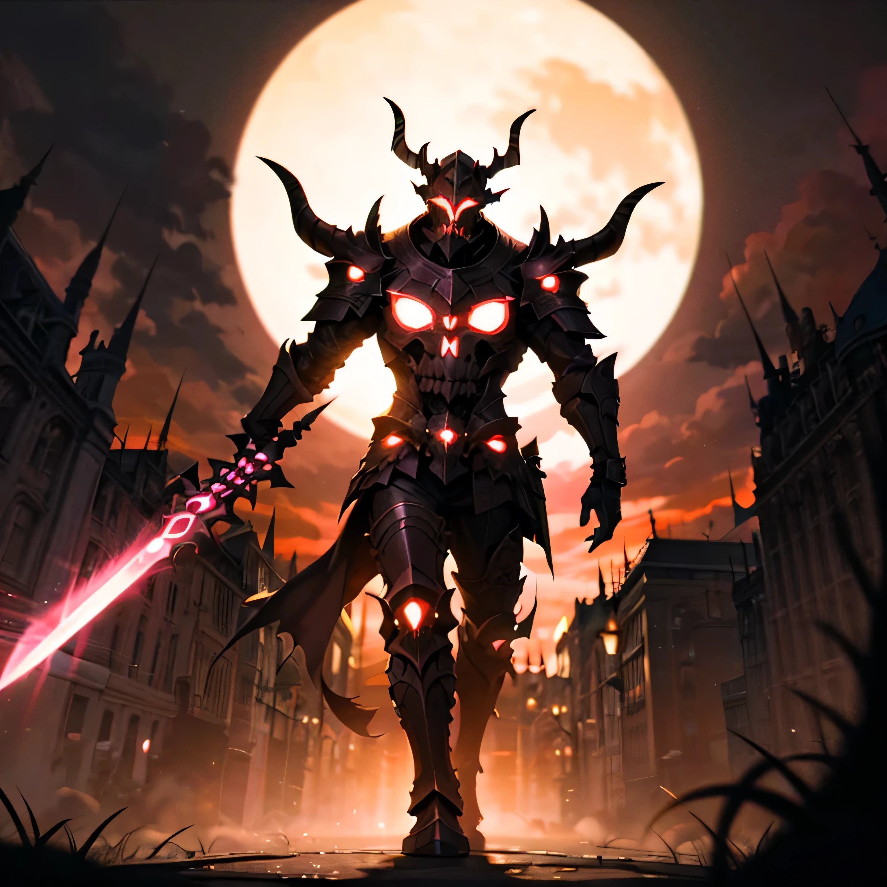 monster, black armor, helmet with horns, red glowing, outdoors, forest, night, night sky, big sword, walking to viewer
