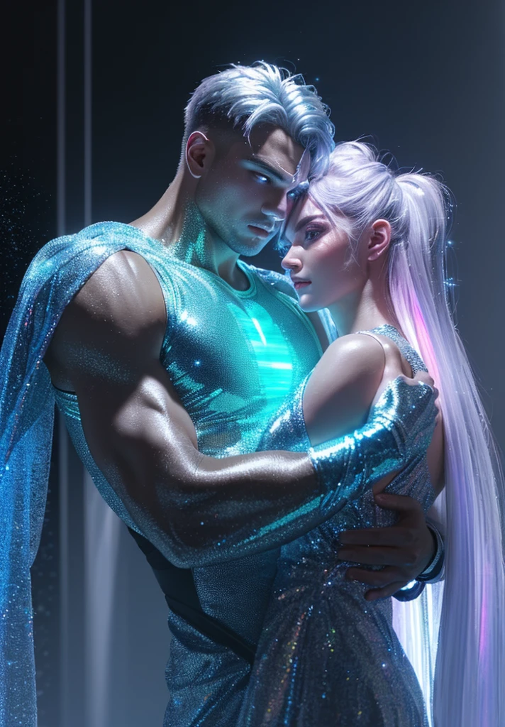 (mid_shot:1.3),(1 male:1.2),(muscle man:1.1),(frontal illumination:1.2),with a silver body and glitters with lights above,extreme iridescent reflection,in the style of vray tracing,vibrantmanga,shiny/ glossy,rococo pastel,fluid form,tinycore,fluid impressions,vray,machine aesthetics,yanjun cheng,silver,shiny eyes,fluidform.,the young warrior,male characteristics,