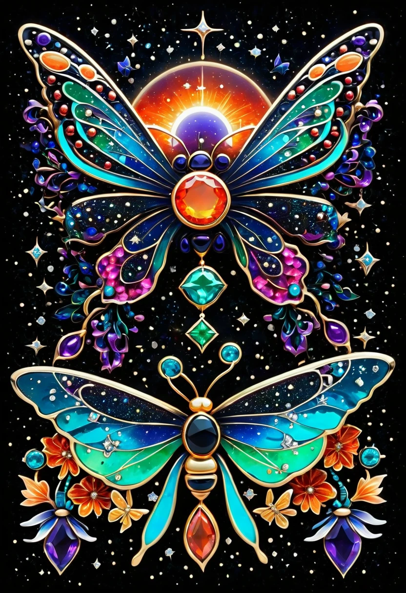 a deep black cosmic backdropStars Planets Suns and Moons Colorful paint splash Beautiful glow vector graphic design featuring intricate and complex symbols with the ethereal beauty of a celestial palace known as the Galactic Citadel, bathed in bright light.As cores Neon Bioluminescentes Cosmic Black, icy red,14 kt solid gold color. Create a fusion of these symbols,Fire colored roses, bioluminescent neon blue, orange green lilies, Fiery bioluminescent red rubies, purple and white diamonds with lots of violet sapphires and emeralds, butterflies and bees - air 16:9 --raw style --style 400 *