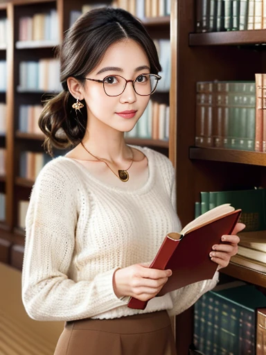   (8k, RAW photo, best quality, masterpiece), (photo realistic), outstanding details, ultra-high resolution, anatomically correct, textured skin, ((Extremely precise and accurate anatomy)),

A cute 28-year-old Japanese woman, librarian arranging books in the library, 

(fearless smile),  
(Downturned Eyes), (kind eyes) , kind Gaze, 
(low and small chignon:1.4), (Rimless round glasses), 

looking at viewer, 
pupils sparkling,  thin lips, thin eyebrows, 
dark brown hair, Forehead, 
off-white simple summer sweater, simple cotton Light brown flared skirt, 
Earrings, Necklace, 

(background Spacious library interior, bookshelves), 
(backlighting), 
reflection light from below, 
atmospheric perspective, depth of field, 
(dramatic lighting), cinematic lighting, 