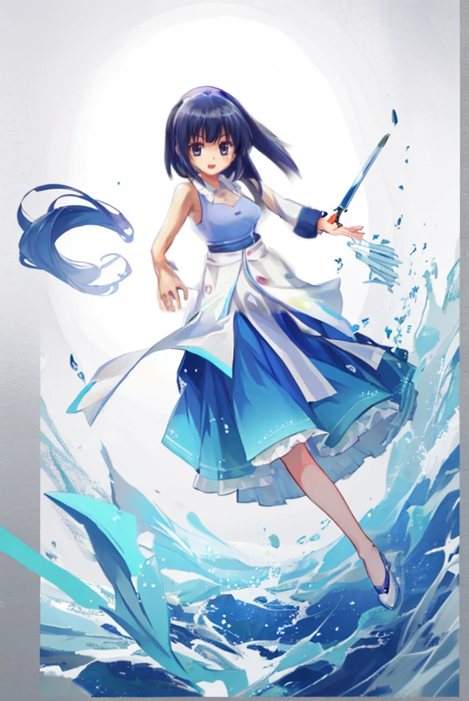 anime girl with long hair and blue dress holding a knife, anime moe artstyle, anime portrait of shiina ringo, rei hiroe, floating in pose, long white skirt, blue shoes