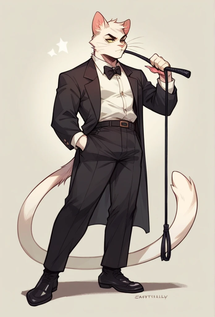 Entertainer Cat, sassy look, full length, white furred catboy, furry, whip in hand, scandily clad