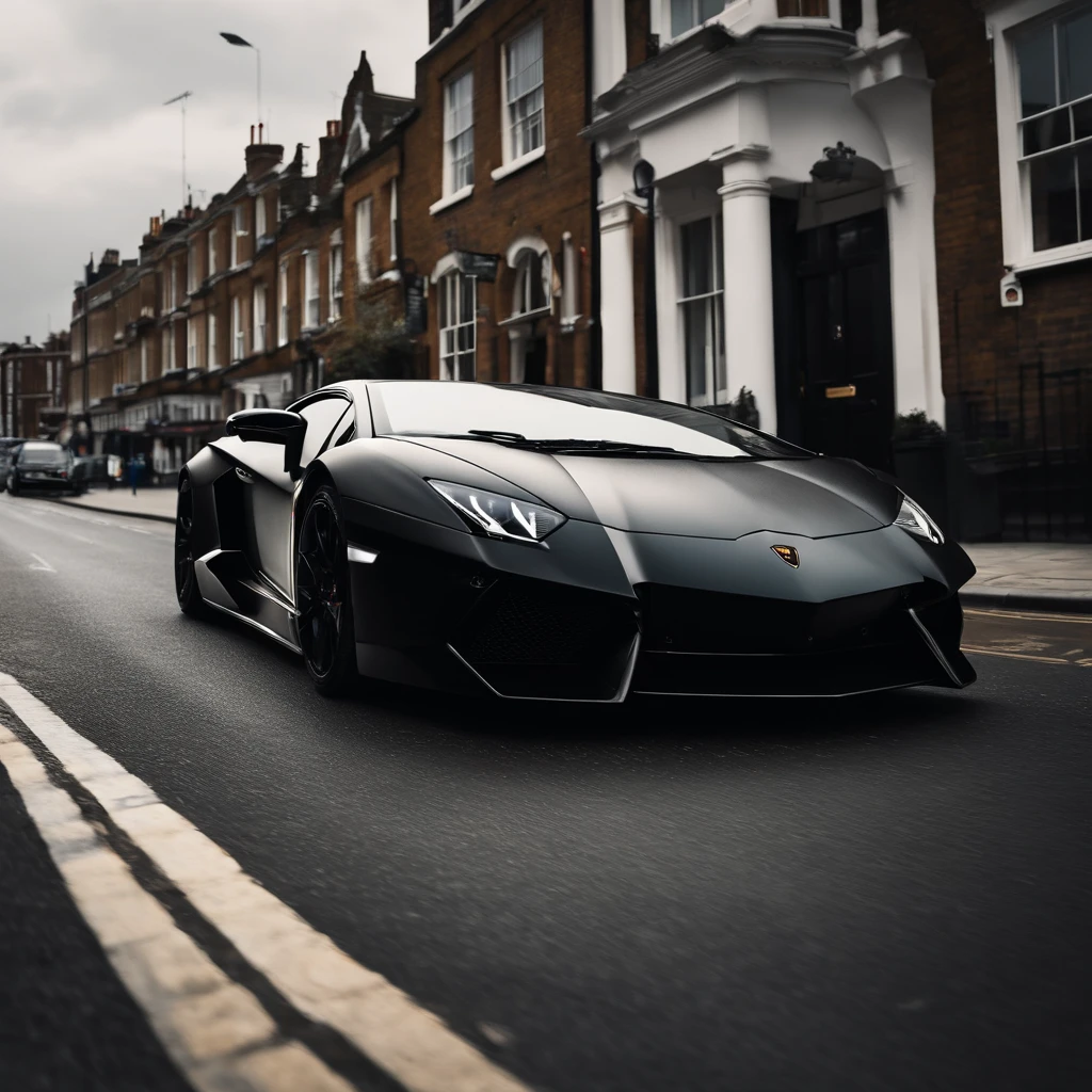 Masterpiece image of Black Lamborghini drifting in in London Road. Photorealistic detail .Sony dslr photography 50 mm photography 