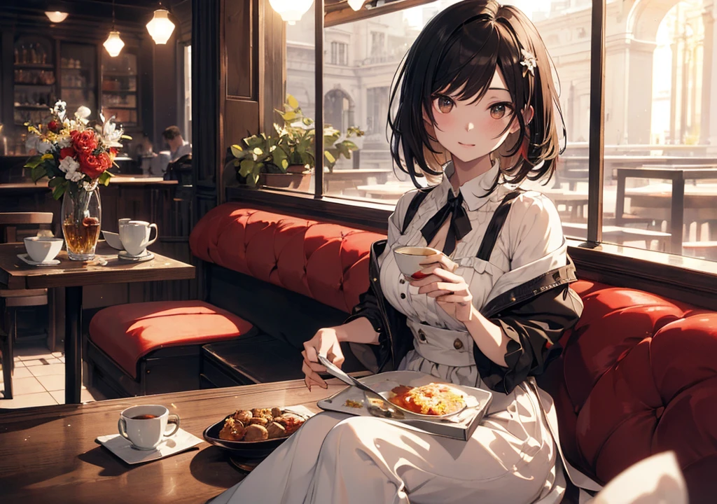 Realistic photos, Focus distance 10mm, Red and white, Beautiful girl, Realistic photos, Shooting at Focus distance 10mm, masterpiece, 最high quality, high quality, Very detailed CG 8k wallpaper unit, Award-winning photography, Depth of written boundary, High resolution, bloom, chromatic aberration, Realistic, Very detailed, Art Station Trends, CGsociety Trends, Complex, High detail, dramatic, Art on the go, volumetric lighting, Soup A beautiful girl in an elegant dress is enjoying a hot soup. The background is the warm atmosphere of a French café. The girl has short black hair and light brown eyes