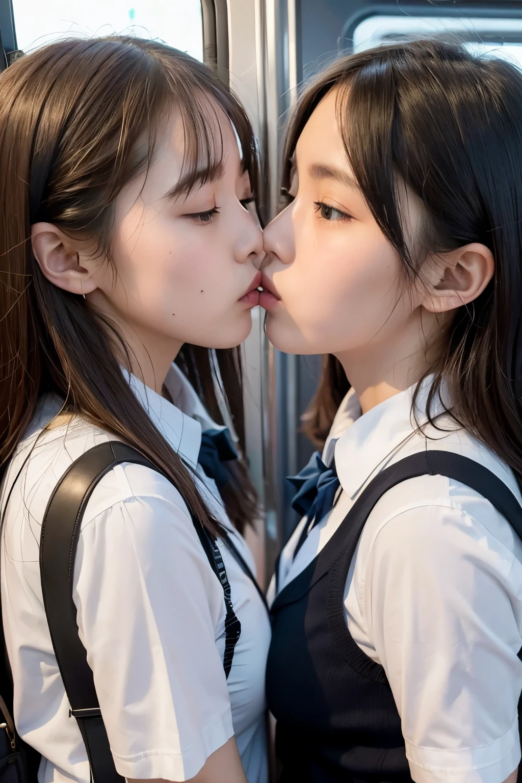 masterpiece best quality two schoolgirls kiss on crowded train