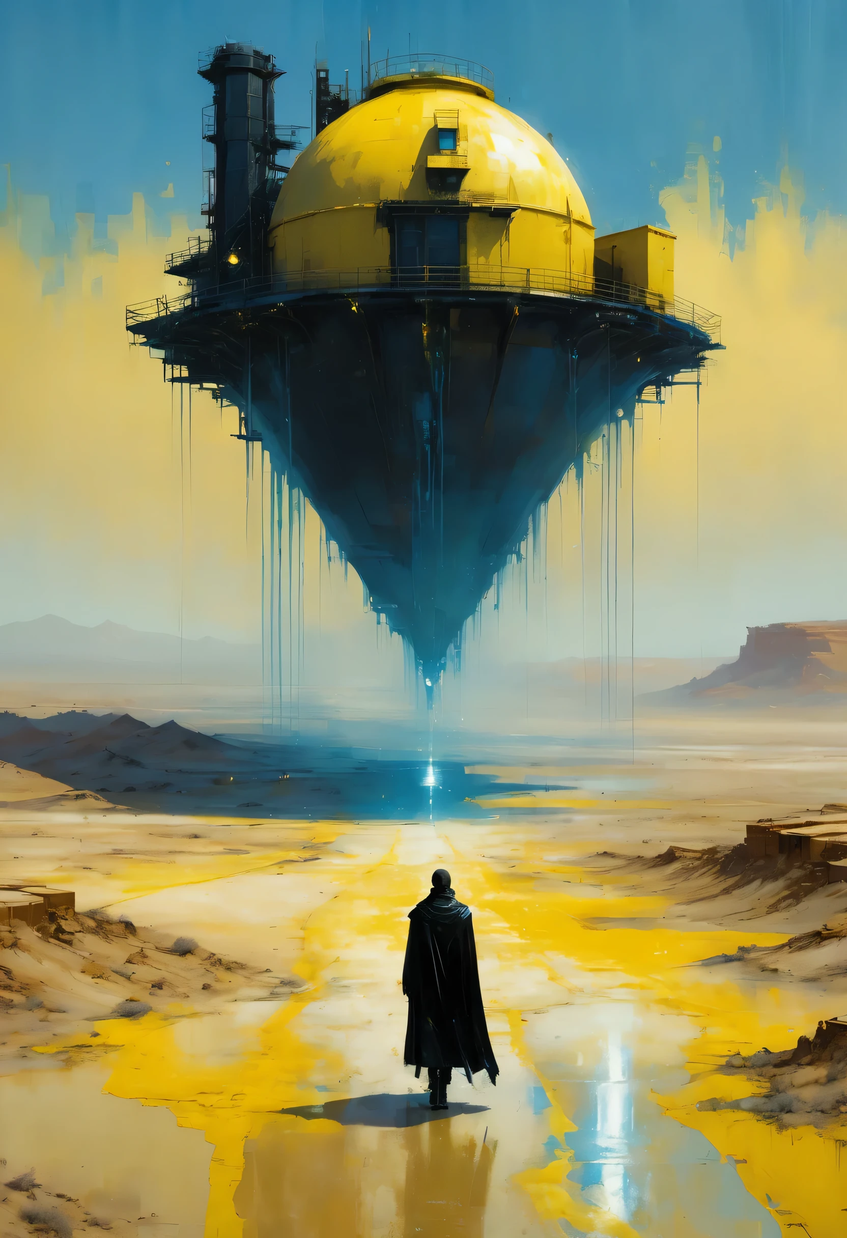 Pixelart por Jeremy Mann, Man in black cape in yellow desert walking alone, mostly blue tones and small details in yellow, 4D high relief texture painting, construction, construction site, Building in the background, floor, 8k, 4D, futuristic, water tank in the background, ornate desert, aerial view, view from far away, photorealism, abstract impressionism