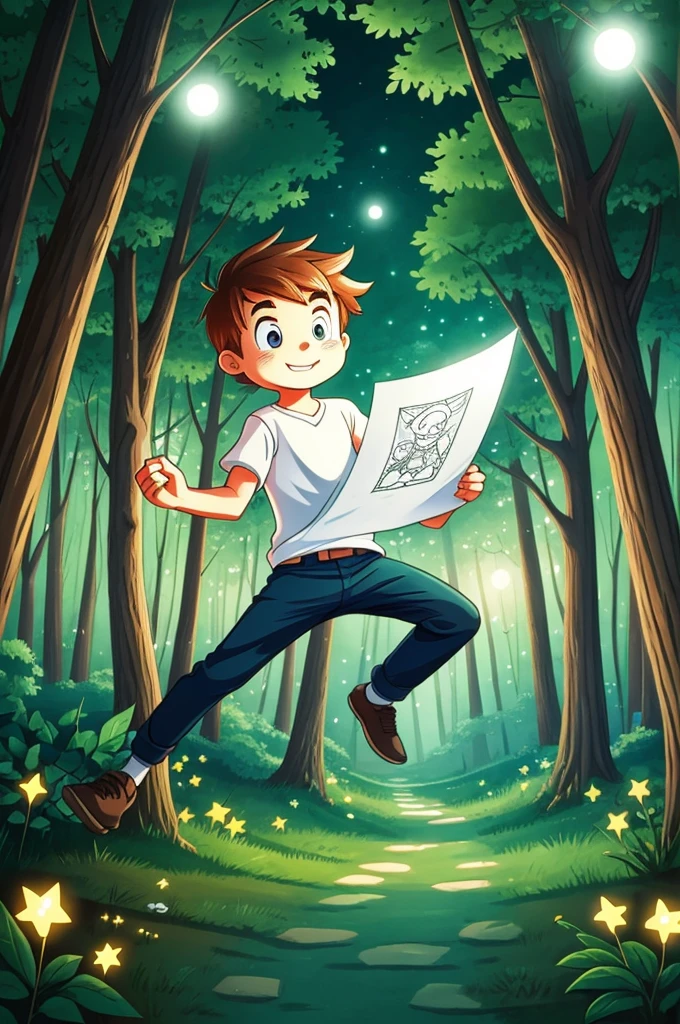 Draw a very cute cartoon boy who is in the illuminated forest and who jumps to reach a sheet of paper that contains the drawing of a perplexity logo ai