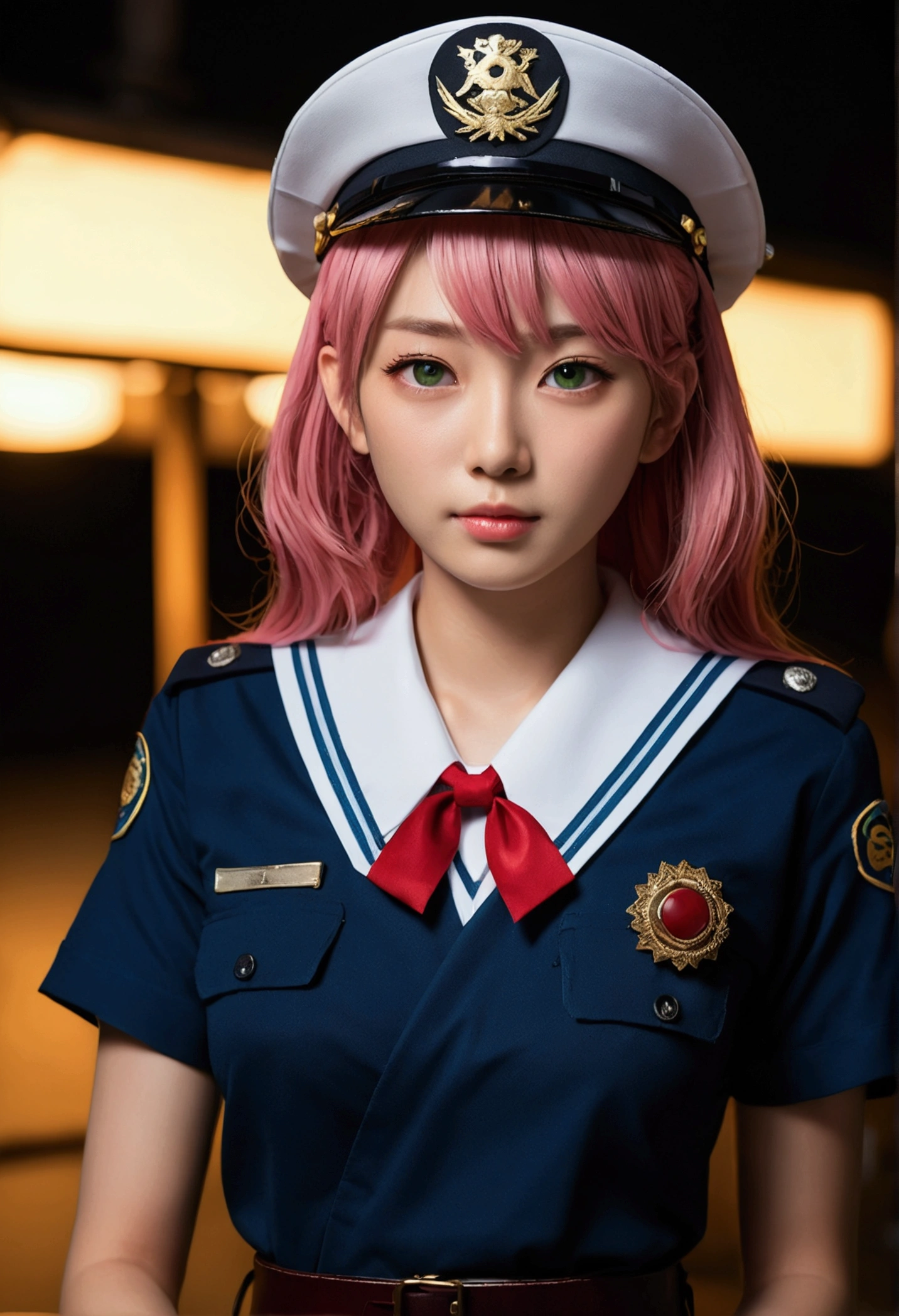 (((masterpiece: 1.5, Best Quality, High resolution: 1.3, Super resolution, Super detail, Super detail: 1.3, rich background: 1.2))), 1 girl, Alone, green eyes, Long pink hair with blue ribbon, blunt bangs, cute hairpin, , White Seraphon, red sailor collar, short sleeves, blue pleated skirt, (exterior), ((center), (crew), ((Japanese atmosphere: 1.3)), landscape, ((evening)), darkness, (low light: 1.1), officer, (officerlight: 1.2), ((dynamic light: 1.4)), ((head closeup))))))