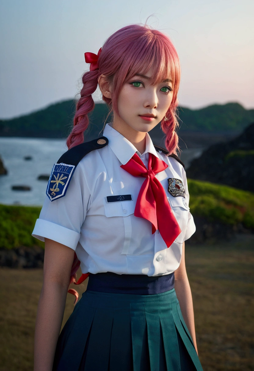 (((masterpiece: 1.5, Best Quality, High resolution: 1.3, Super resolution, Super detail, Super detail: 1.3, rich background: 1.2))), 1 girl, Alone, green eyes, Long pink hair with blue ribbon, blunt bangs, cute hairpin, , White Seraphon, red sailor collar, short sleeves, blue pleated skirt, (exterior), ((center), (crew), ((Japanese atmosphere: 1.3)), landscape, ((evening)), darkness, (low light: 1.1), officer, (officerlight: 1.2), ((dynamic light: 1.4)), ((head closeup))))))