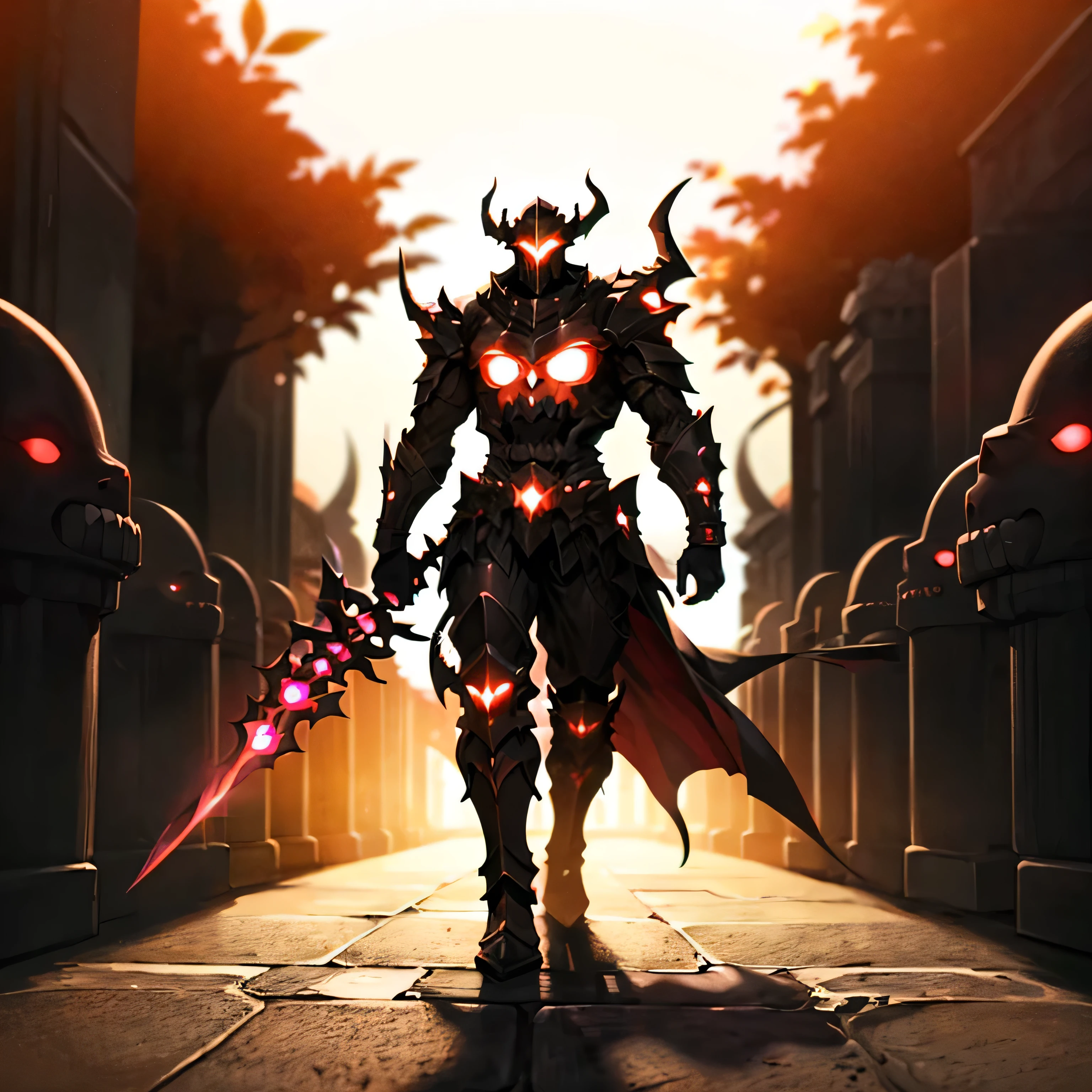 monster, black armor, helmet with horns, red glowing, outdoors, forest, night, night sky, big sword, walking to viewer
