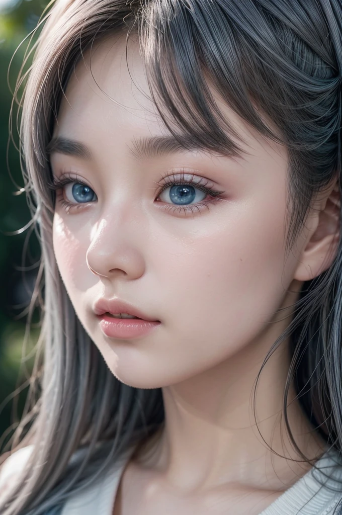 Close-up of a young Korean woman with long blue-gray hair, in a profile photo that highlights your delicate face. Your big blue eyes are the main focus, with long, expressive eyelashes that enhance your ethereal beauty. The skin is clear and smooth, with a touch of natural shine, and her small, pink lips complete her serene expression. The background is blurred to keep the attention on her face, creating an engaging and enchanting image, perfect for a profile photo.