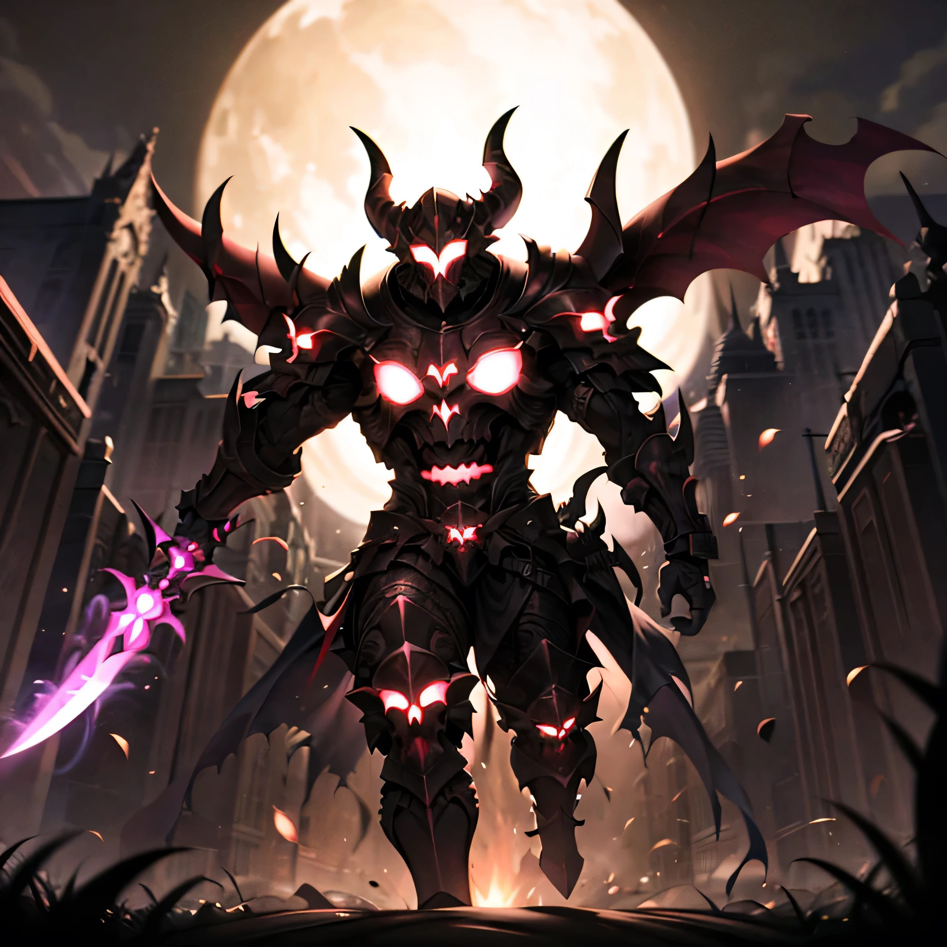 monster, black armor, helmet with horns, red glowing, outdoors, forest, night, night sky, big sword, running toward viewer