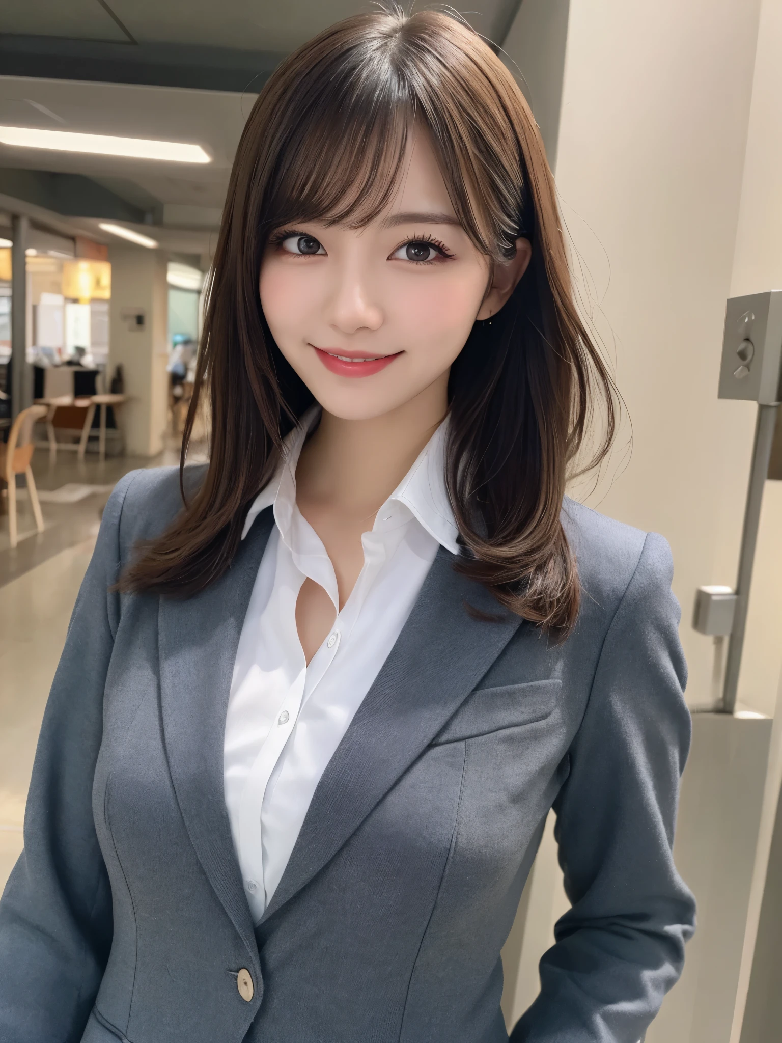 masterpiece, best quality, illustration, ultra-detailed, finely detailed, high resolution, 8K wallpaper, perfect dynamic composition, beautiful detailed eyes, commuting, business attire, medium hair, small breasts, professional pose, smile, looking at camera