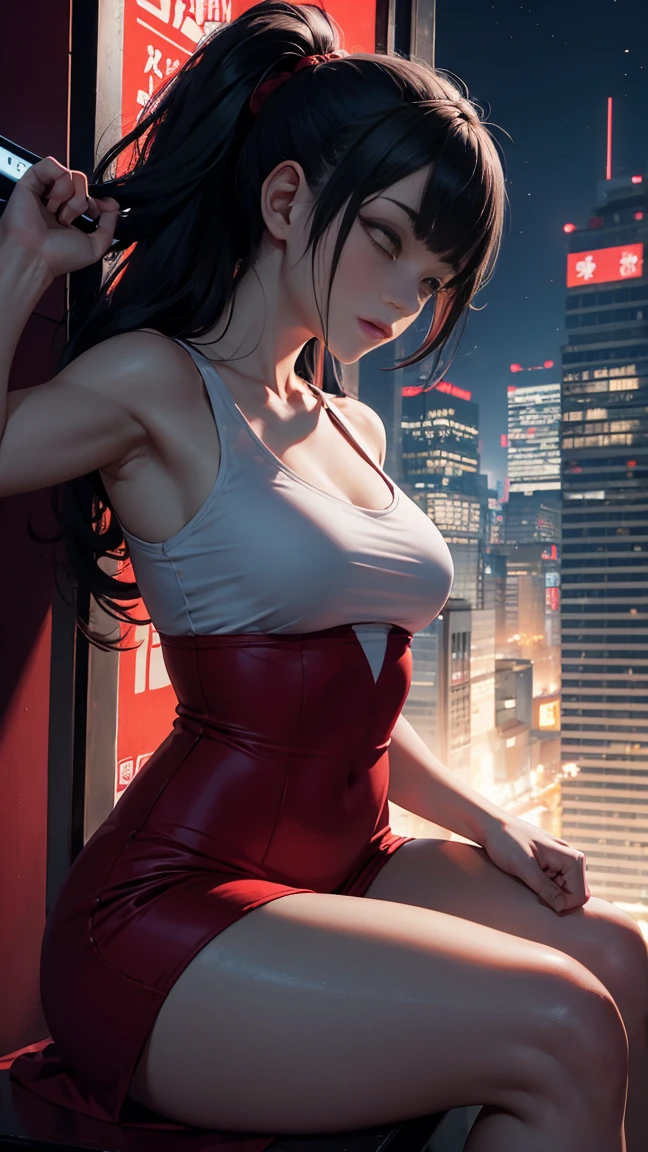 Acrobatic Sarasara, urban legend yokai, tall woman in red dress, long black hair, no eyeballs, watching a gymnastics video on a smartphone, night scene, city background, surreal, detailed, eerie lighting.