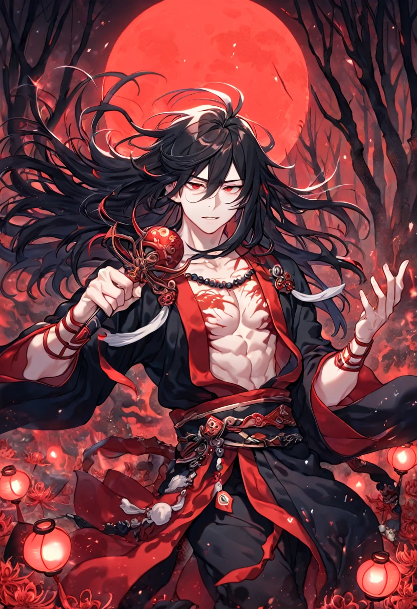 absurdres, highres, ultra detailed, HDR, master piece, best quality, extremely detailed face, delicated features, Xue Yu, untamed spiky hair, black hair, long hair, hair between the eyes, expressive red eyes, Thousand Years War, solo, sexy man, holding a sword in his right hand, handsome, toned chest, black haori, red fantasy robes, accessories, spider lilies patterns, red moon, red blood water, fantasy, magic, envy magical, red trees, forest, red dust, red lanterns, red fire, red floating round lights, Jujutsu Kaisen