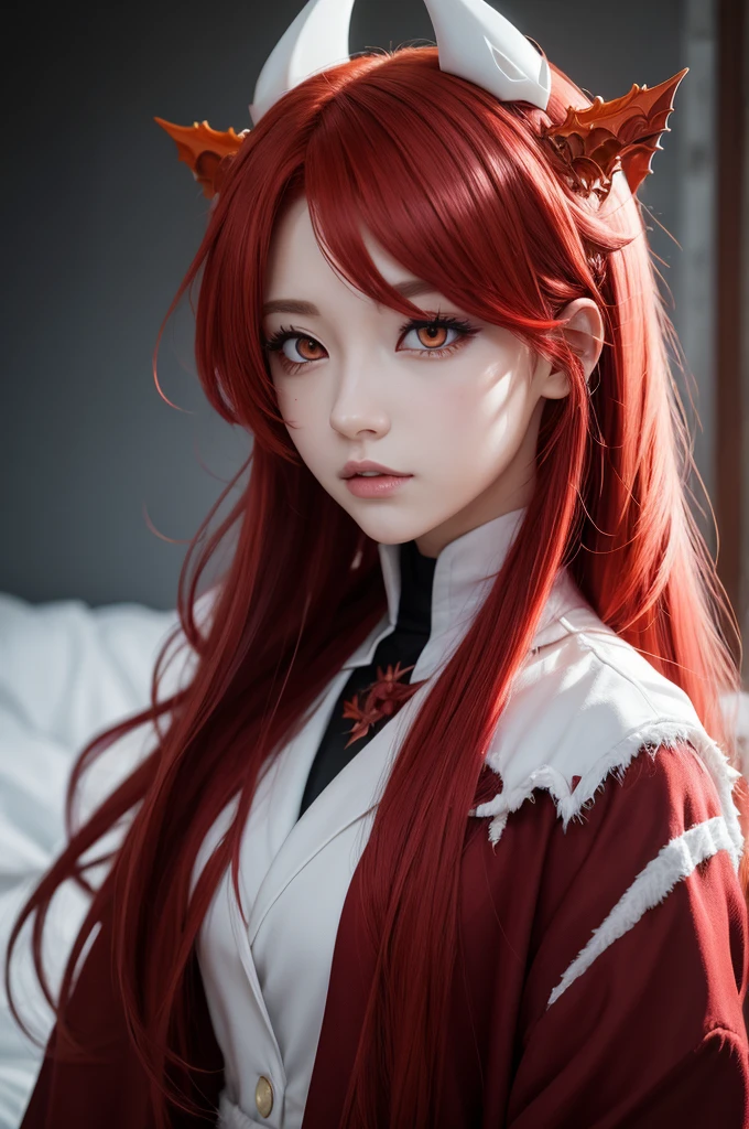 anime dragon red hair with white highlights and white eyes