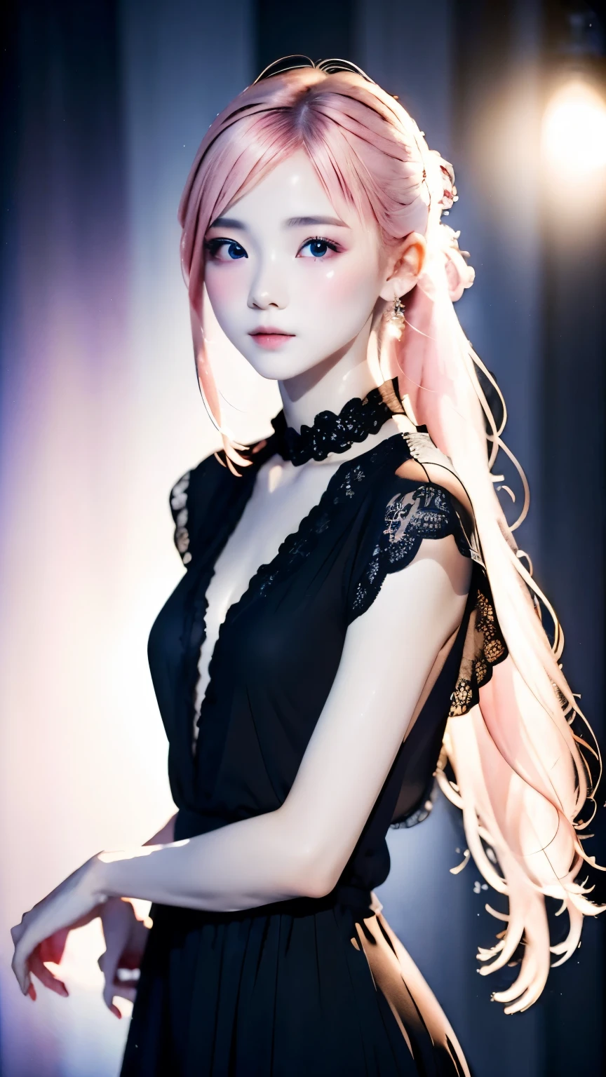 (((blurred background、Watercolor style background)))、one girl、yo talent、anatomy、pale pink eyes、Loosely braided low ponytail、light pink hair、small breasts、black dress open neck dress、sheer lace dress、See-through feeling、random pose、highest quality、High resolution、High resolution、cinematic lighting、professional photographer、Korean,Korean superstar beauty,Famous Korean dancer and singer,Beautiful nipples,Are thin,Sharp facial features,