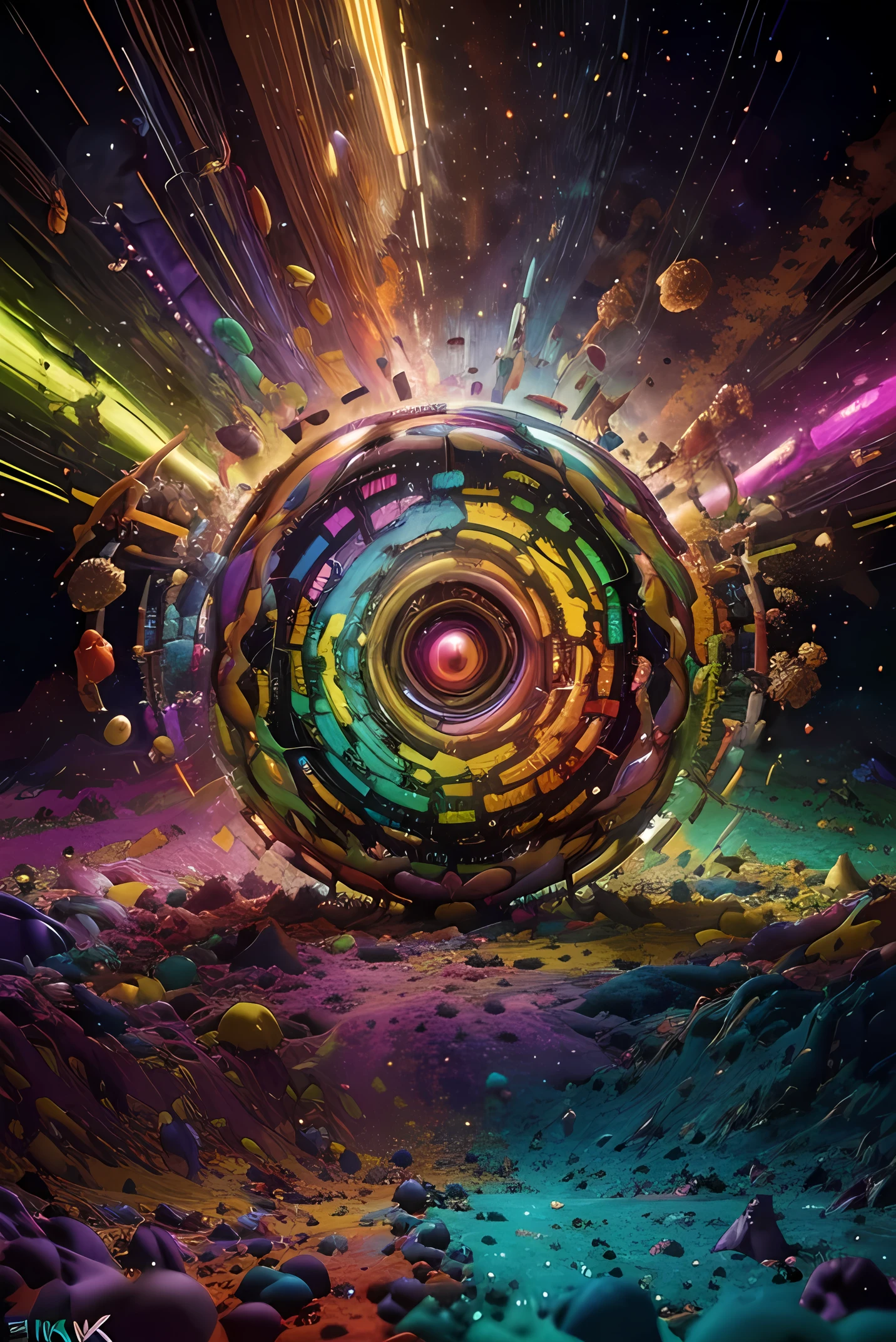 a surreal, vibrant, multicolored mess in the style of Rick and Morty, a chaotic universe, anthropomorphic feces, abstract background, psychedelic colors, dynamic lighting, (best quality,4k,8k,highres,masterpiece:1.2),ultra-detailed,(realistic,photorealistic,photo-realistic:1.37),concept art,digital painting,abstract art