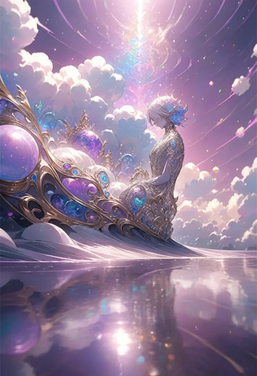 High resolution RAW color art, animation,Sculpture, Silver Marble Skin, (((Highly detailed elegant))), Magical atmosphere, (Detailed skin, texture (Exquisitely crafted, The finer details, Ultra-detailed), pastel colour, Depth of written boundary, Bokeh, Silky to the touch, Bright Eyes, (Purple Sky, Dynamic Cloud), Hyper Detail, The ground is reflecting, Standing on the surface of the water