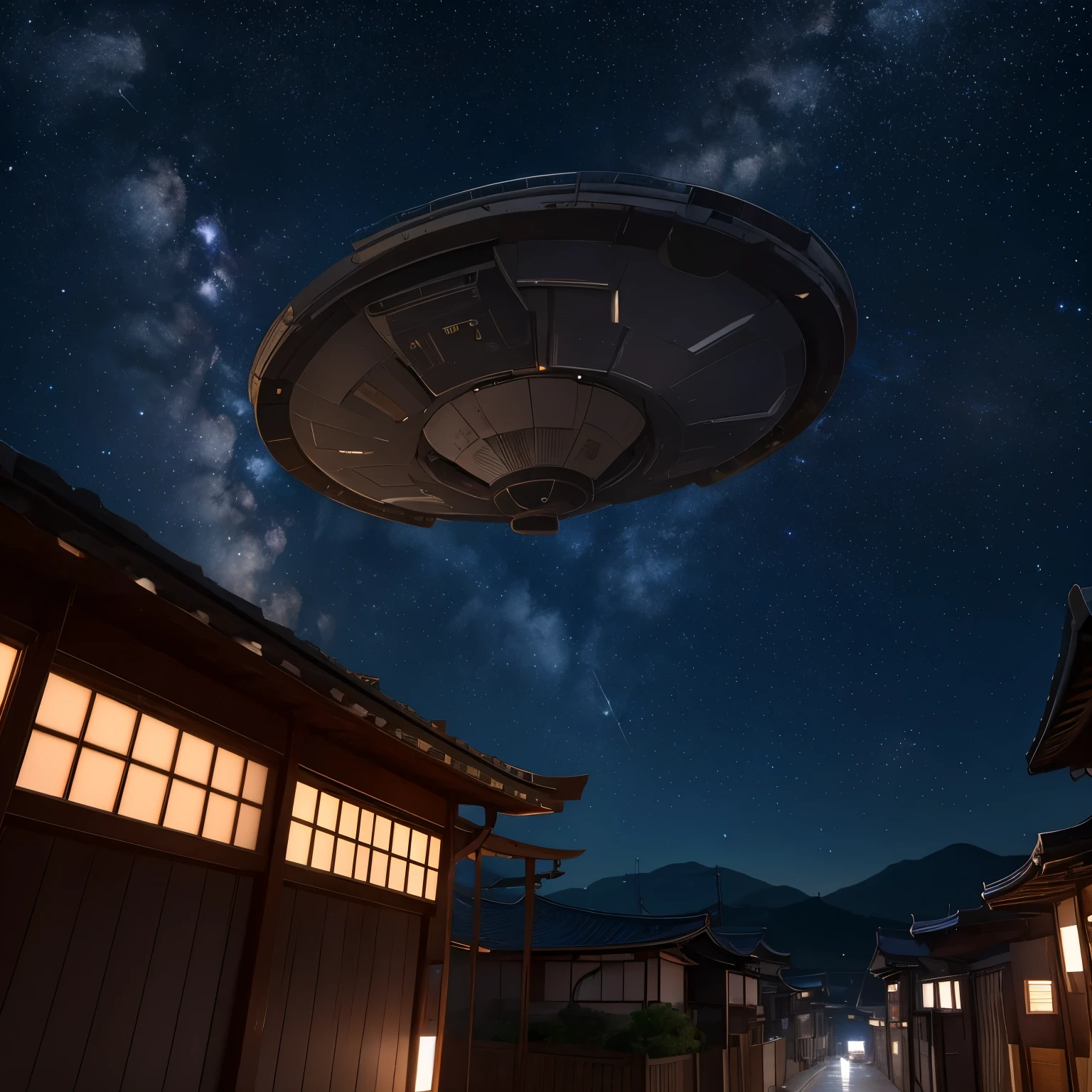 high resolution、8k、Delicate depiction、Showa、Gunma Prefecture、Residential Street、（（（A  looking up from the roof)))、(((Night Sky)))、Huge spaceship、Destroyed spaceship、Attacking spaceship、Spaceship Battle、war、battle、UFO、Dogfight、Beautiful starry sky