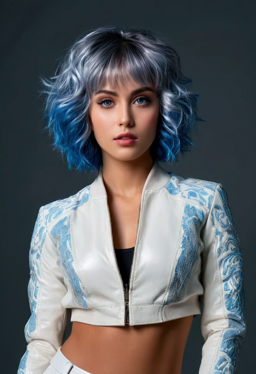 a beautiful young woman, 1.75m tall, with blue dyed hair, full body shot, standing in a TV studio set, wearing a silver jacket and white leather pants, athletic physique, (best quality,4k,8k,highres,masterpiece:1.2),ultra-detailed,(realistic,photorealistic,photo-realistic:1.37), intricate details, cinematic lighting, dramatic shadows, vibrant colors, highly detailed face, beautiful detailed eyes, beautiful detailed lips, extremely detailed eyes and face, long eyelashes, studio photography, detail skin , camera nikon, kodak film, deep blue eyes