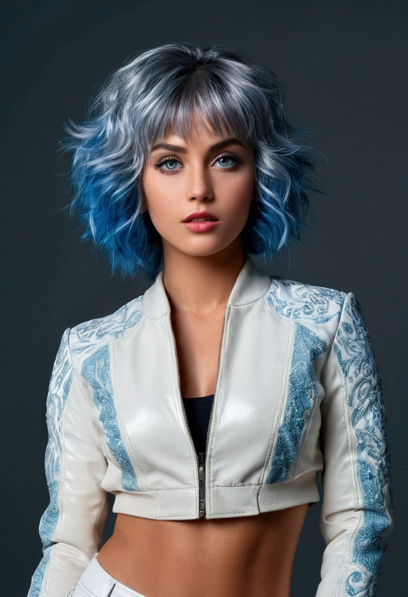 a beautiful young woman, 1.75m tall, with blue dyed hair, full body shot, standing in a TV studio set, wearing a silver jacket and white leather pants, athletic physique, (best quality,4k,8k,highres,masterpiece:1.2),ultra-detailed,(realistic,photorealistic,photo-realistic:1.37), intricate details, cinematic lighting, dramatic shadows, vibrant colors, highly detailed face, beautiful detailed eyes, beautiful detailed lips, extremely detailed eyes and face, long eyelashes, studio photography, detail skin , camera nikon, kodak film, deep blue eyes