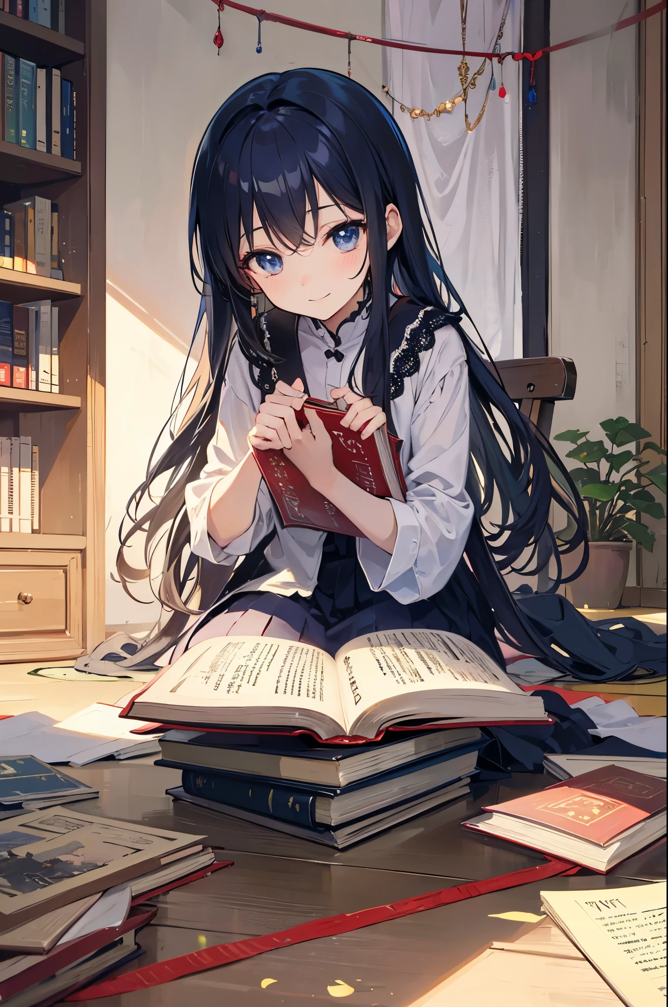 (Low viewing angle)，Anime pictures，Color like old books。A girl about ************ sitting on the floor reading a book。A gentle smile，Behind is lace curtain、Treasure House Reflection