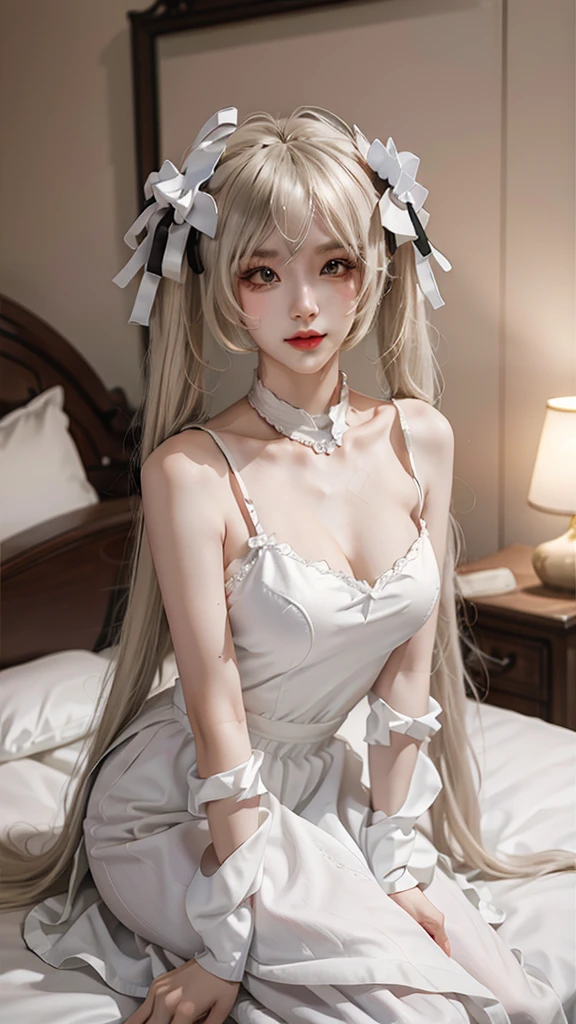 kasugano sora,long white hair,twintails,hair ribbon,hair ornament,  ((Yushuxin,1 Girl,Solitary)), Warm colors, atmosphere, 4K, masterpiece, high resolution, ridiculous, Bare shoulders, Sexy long legs, on the bed, Strike a pose, brown wavy hair, lust, eyes, Shy, pure desire, Tempting, Sexy pose, Big breasts, Very detailed face, Light and delicate makeup, Charm and sophistication, Attractive posture, beauty, grace, lifelike, Very detailed, amazing, beauty的, Young and energetic, Charming model