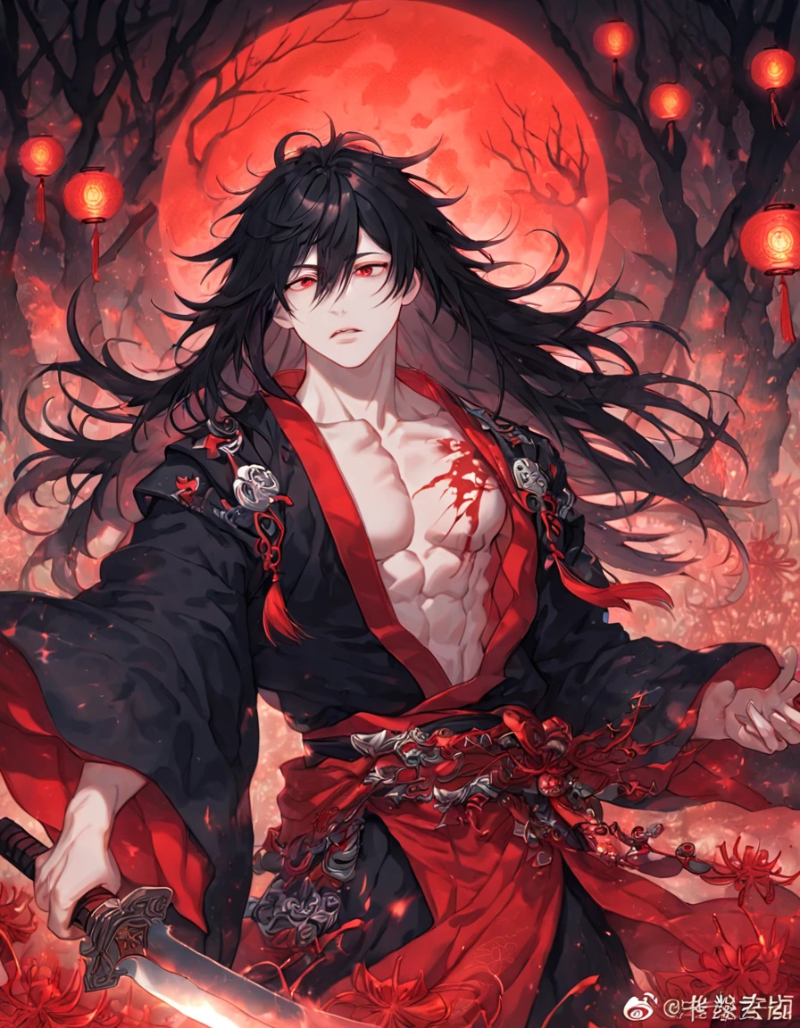 absurdres, highres, ultra detailed, HDR, master piece, best quality, extremely detailed face, delicated features, Xue Yu, untamed spiky hair, black hair, long hair, hair between the eyes, expressive red eyes, Thousand Years War, solo, sexy man, holding a sword in his right hand, handsome, toned chest, black haori, red fantasy robes, accessories, spider lilies patterns, red moon, red blood water, fantasy, magic, envy magical, red trees, forest, red dust, red lanterns, red fire, red floating round lights, Jujutsu Kaisen