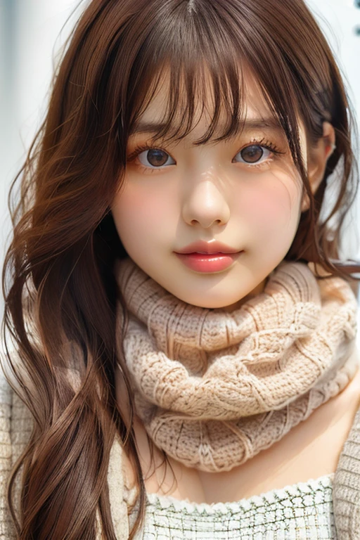 Young Japanese Woman, 30th Generation, White Background, simple background, White brown hair, thin, 4K, In 8K, high quality, beauty, Beautiful Eyes, simple, High resolution,1 person,Beautiful Skins,Beautiful Skin,Wearing a white knit,Winters,lipstick