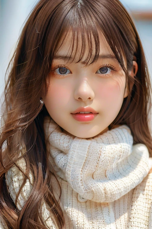 Young Japanese Woman, 30th Generation, White Background, simple background, White brown hair, thin, 4K, In 8K, high quality, beauty, Beautiful Eyes, simple, High resolution,1 person,Beautiful Skins,Beautiful Skin,Wearing a white knit,Winters,lipstick