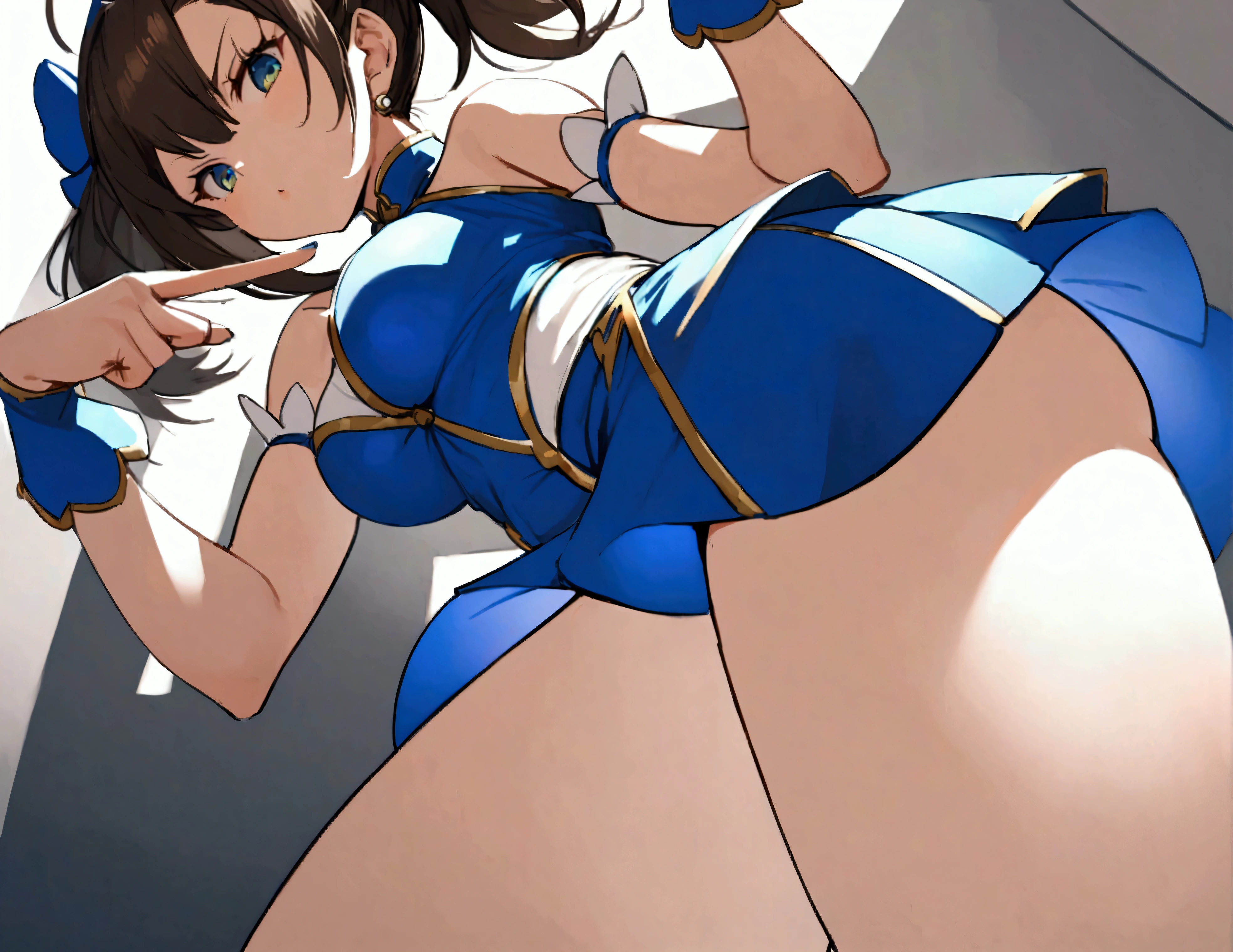 Chun Li striking a victory pose, I conic blue outfit mini dress, viewed from low angle
